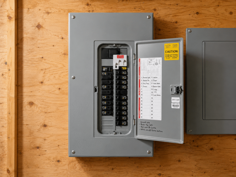 Professionally installed residential breaker panel mounted on a plywood wall with labeled circuits